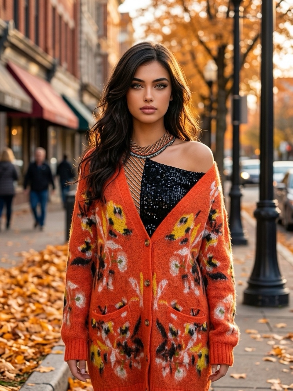 ARATTA Women's Orange Floral Button-Up Cardigan Sweater